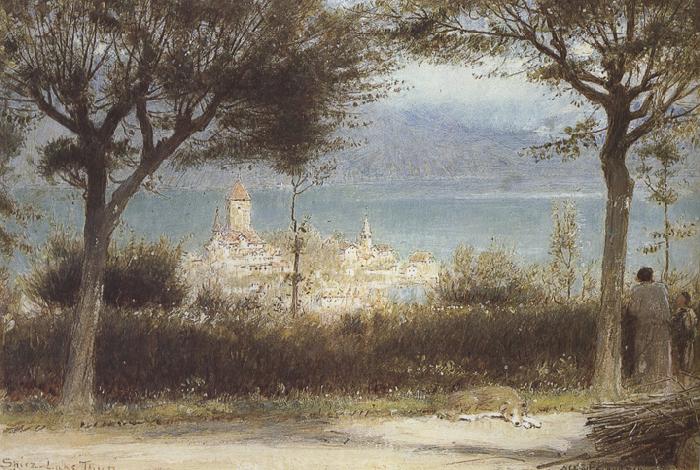 Albert goodwin,r.w.s The Town of Spiez on Lake Thun,Switzerland (mk37) Germany oil painting art